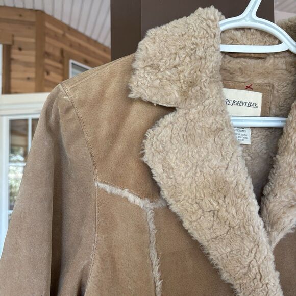 Barn Coat Women M Leather Suede & Fleece Shearling Lined Boho Vntg St Johns Bay - Picture 3 of 15